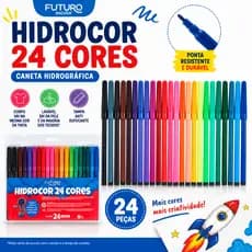Caneta Hidrográfica Hidrocor Futuro Escolar Kit 24 Cores Estojo Colorido