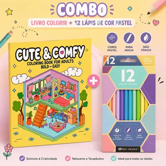 Livro de Colorir Cute & Comfy + 12 Lápis de Cor| Kit Completo para Colorir, Relaxar e Criar