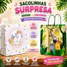 🦒 10 Sacolinhas Surpresas Safari ou Unicórnio Infantil | Temas | Lembrancinha Festa 17,5x8,5x21,5cm