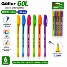 Caneta Esferográfica Gol 1.0mm Escrita Média Colors – Kit com 6 Peças na Solapa