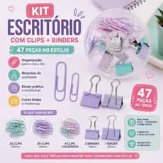 Kit Escritório com Clips e Binders 47 Peças no Estojo Organizador Cores Pastel