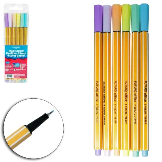 Caneta Hidrográfica Fineliner Pastel 0.4mm Kit 6 Cores Futuro Office | Ponta Super Fina para Escrita, Desenho e Planner