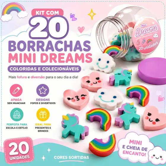 Kit 20 Borrachas Mini Dreams Coloridas Escolares Colecionáveis | Apaga Fácil para Escola, Estojo