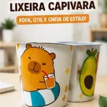 Lixeira de Plástico Redonda Label Capivara 18,5x18cm Ø | Decorativa, Resistente para Banheiro, Quarto e Escritório