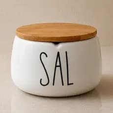 Pote Para Cozinha Porta Tempero Sal Hermético Saleiro Cerâmica tampa de Bambu Madeira Branco 600ml