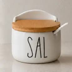 Saleiro Porta Sal de Porcelana Branco Porta Tempero para Cozinha Tampa de Bambu Madeira com Colher