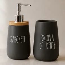 Kit Banheiro Cerâmica Preto Dispenser Sabonete e Escova de Dente Pote Banheiro Tampa de bambu 2 Pçs