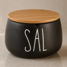 Pote Para Cozinha Porta Tempero Para Sal Hermético Saleiro de Cerâmica tampa de Bambu Preto 600ml