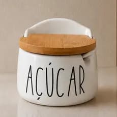 Açucareiro Porcelana c/ colher e tampa de bambu 10,5cm