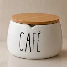 Pote Hermético Pra Cozinha e Cantinho do Café Porta Cerâmica Com Tampa de Bambu Madeira Branco 600ml
