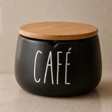 Pote para Café Hermético Para Cozinha e Cantinho do Café Porta Cerâmica Com Tampa de Bambu Madeira Preto 600ml