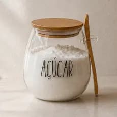 Açucareiro hermético Bojudo de vidro c/ tampa e colher de bambu 650ml