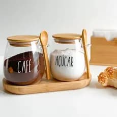 Kit 2 Potes herméticos Café Açúcar vidro colher bambu 650ml