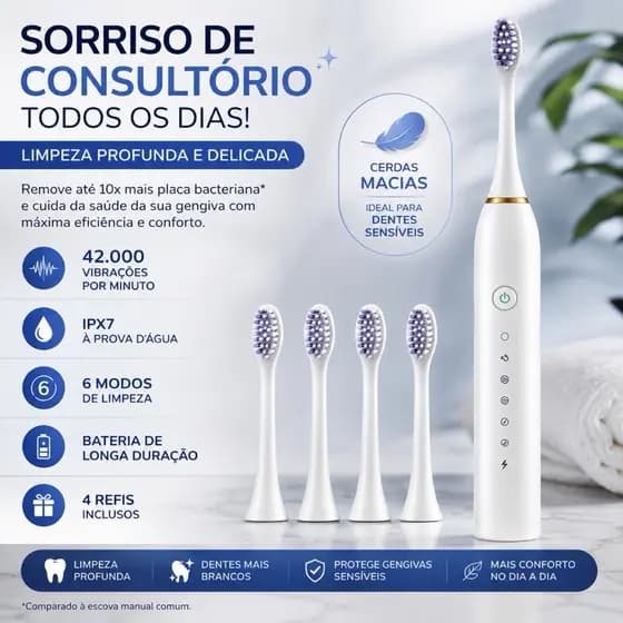 Escova Dental Elétrica Sônica Recarregável 42000 Vibrações IPX7 6 Modos + 4 Refis Branca