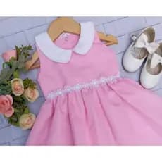 vestido infantil rosa com gola e margarida na cintura