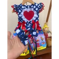 vestido infantil quadrilha azul xadrez de coraçao acompanha par de laços