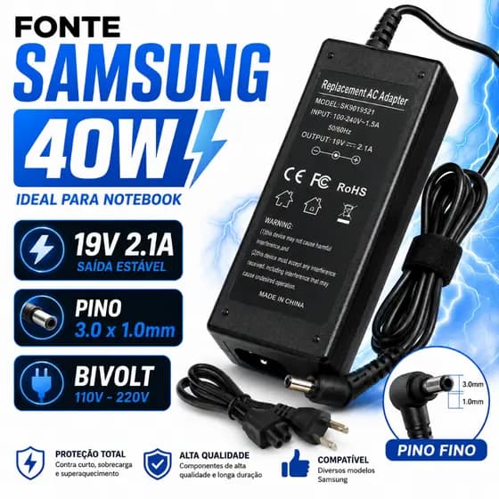 Fonte Carregador Compatível Notebook Samsung NP350XAA 40W 19V 2.1A Pino 3.0x1.0mm Bivolt