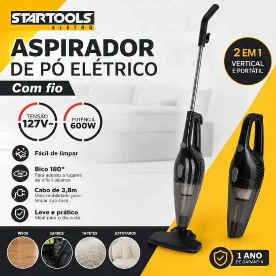 Aspirador de Pó Vertical 2 em 1 600W Com Fio 127V Portátil Filtro Lavável