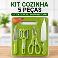 Kit Cozinha 5 Peças Verde — Facas + Tesoura + Descascador + Tábua