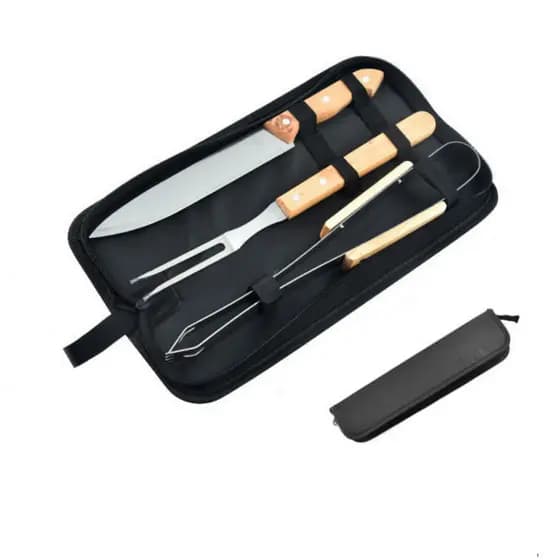 Kit Churrasco 3 Peças Aço Inox Cabo Longo para Grelha e Churrasqueira