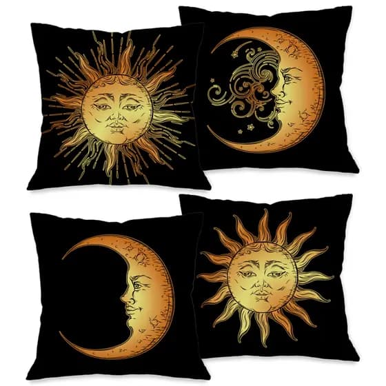 Kit com 4 Capas para Almofadas Decorativas Sol e a Lua Dourados 45x45 cm