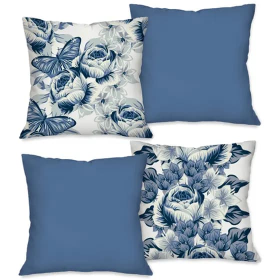 Kit com 4 Capas para Almofadas Decorativas Rosas e Borboletas Azuis 45x45 cm