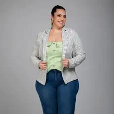Blazer Casaco Feminino Plus Size Tweed Listrado  Elegante