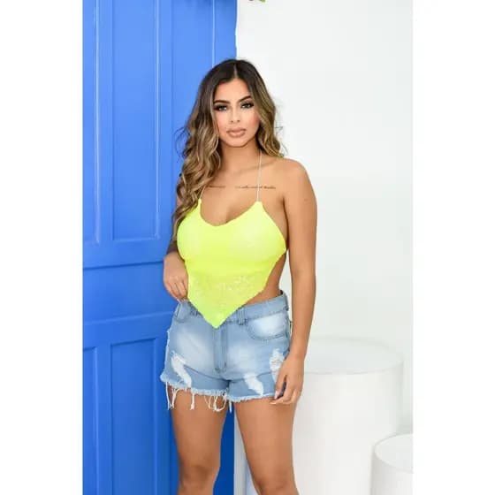 Cropped de Paitê com elástico com Forro e Bojo Simone Tendência Moda Carnsval 2024