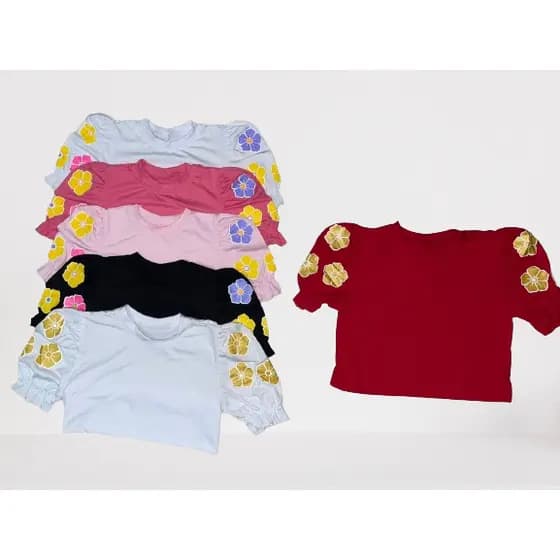 Blusa Cropped Infantil Manga Princesa Com estampa de Flor Moda Blogueirinha
