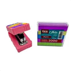 Grampeador Escolar Escritório Rosa Tris + Grampos Coloridos