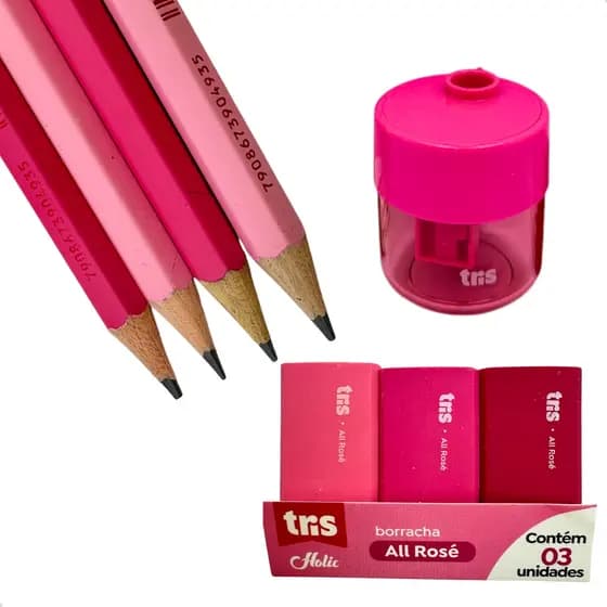 Kit Escolar  Escritório Holic All Rosé  Black Tris Lápis Apontador e Borracha
