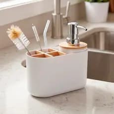 Dispenser Sabonete Líquido e Detergente 280ml 🛁 Pia Bancada Organizador Banheiro Porta Escovas Bambu