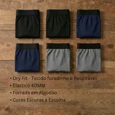 Kit 6 Cuecas Dry Fit furadinha Cores Escuras Forrada em Algodão Elastico 40mm Preta Marinho Chumbo