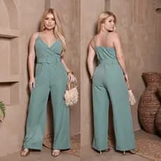 Macacão Alfaiataria Longo Feminino Pantalona com Cinto e Bolso | Alcinha Decote V Social Festa Moda Blogueira