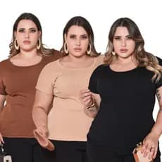 Kit 3 Camisas Femininas Plus Size Social Básica Oversized T-shirt Canelada Manga Curta Confortável