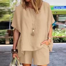 Conjunto Feminino De Calções E Blusa Feminina De Primavera Verão 2023 Moda Fato De Manga Curta Larga Duas Peças