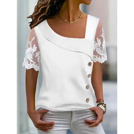 Elegante Blusa Feminina Branca De Renda Tops Manga Curta Camiseta De Colarinho Assimétrico 2023 Botões De Verão Roupas Casuais De Escritório Para Mulheres