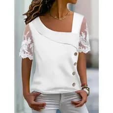 Elegante Blusa Feminina Branca De Renda Tops Manga Curta Camiseta De Colarinho Assimétrico 2023 Botões De Verão Roupas Casuais De Escritório Para Mulheres