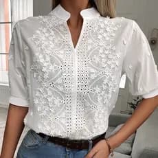 Manga Curta V-neck Lanterna Vestuário Feminino Moda Verão Blusa Feminina 2022 Bordado Algodão Camisas Brancas Blusas 14204