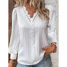 Blusa Feminina Elegante De Manga Longa Blusas De Pescoço Em V Costura De Renda E Roupa Social Branca