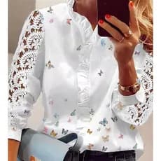 Blusa Feminina Elegante Borboleta Impressão Com Rufos E Blusas De Manga Longa De Renda Outono