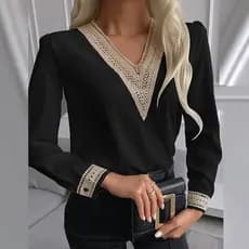 Blusa E Camisa Feminina Manga Longa De Moda Elegante Branca De Outono Senhoras Costura Colarinho De Renda V Casual Social Feminino Blusas Camisas