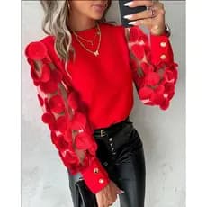 Elegante Blusa Feminina Camisas E Blusas De Manga Longa O Pescoço Escritório Senhoras Camisa Petal Tops Primavera Outono Casual Vermelha 2024 Vestuário Feminino