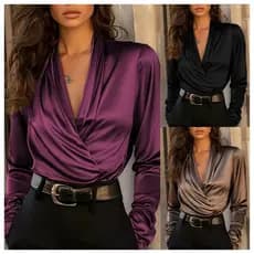 Blusas Femininas 2025 Outono Moda Escritório Temperamento Cetim Blusa Com Decote Em V E Camisa Preta Camisas De Manga Lo