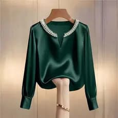 2026 Nova Blusa Feminina Elegante Verde Vintage Camisa De Cetim Blusas E Camisas De Seda Viajar Outono O-Pescoço Mangas