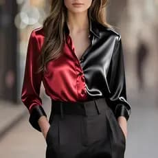 Blusa Feminina Elegante Manga Longa Camisa De Seda Preto Turn Down Collar Botão Escritório Topos Através Da Cetim Splice