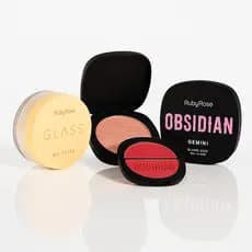 Kit Maquiagem Blush Duo Obsidian, Pó Banana Glass e Iluminador Ruby Rose