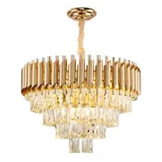 Lustre Pendente Cristal Dourado 50cm Redondo – Luminária Teto Grande Para Mesa de Jantar Sala de Luxo