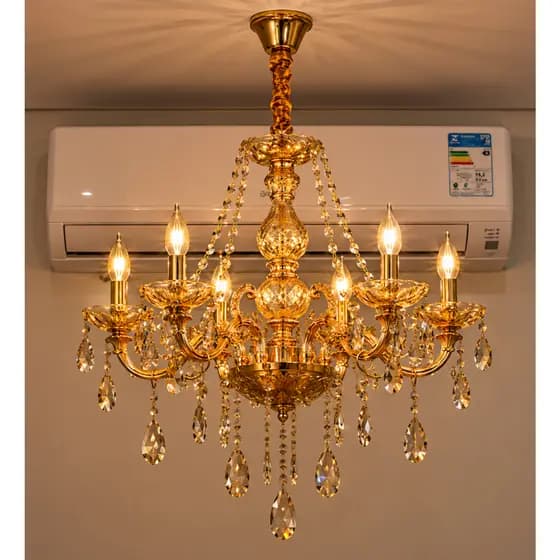 Lustre Cristal Legítimo Pendente Retrô 58cm Luminária 6 Braços Candelabro Luxuoso Ambar Sala Hall