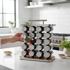 Porta Tempero Condimentos Cozinha Vertical Madeira Inox Com Alça Potes Vidro 20pçs Pronta Entrega